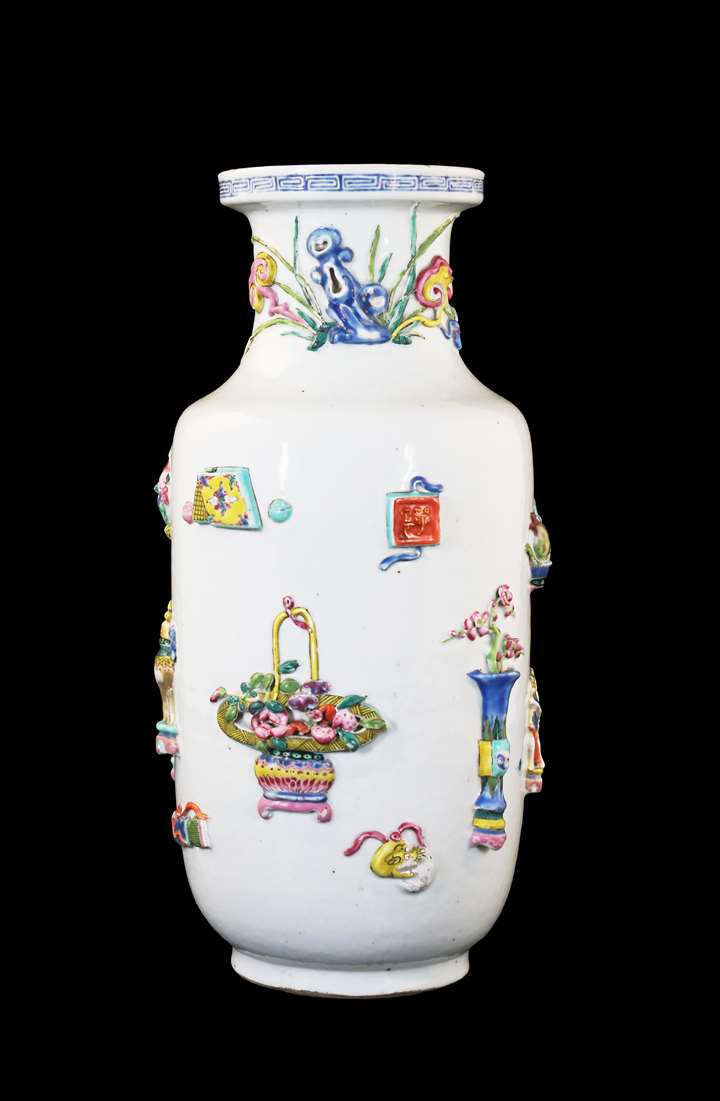 Chinese Porcelain Famille Rose Rouleau Vase with Appliqué decoration